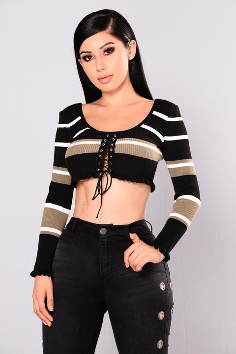 Julie Crop Long Sleeve Striped Sweater - Black/multi