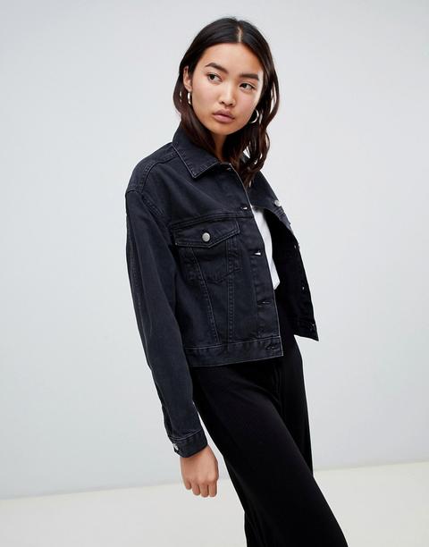 Asos Design Denim Girlfriend Jacket In Washed Black