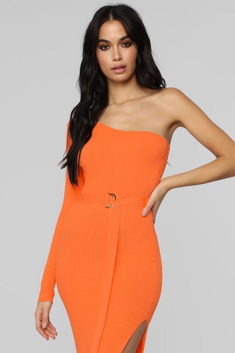 Shoulder Sweater Dress - Neon Orange 