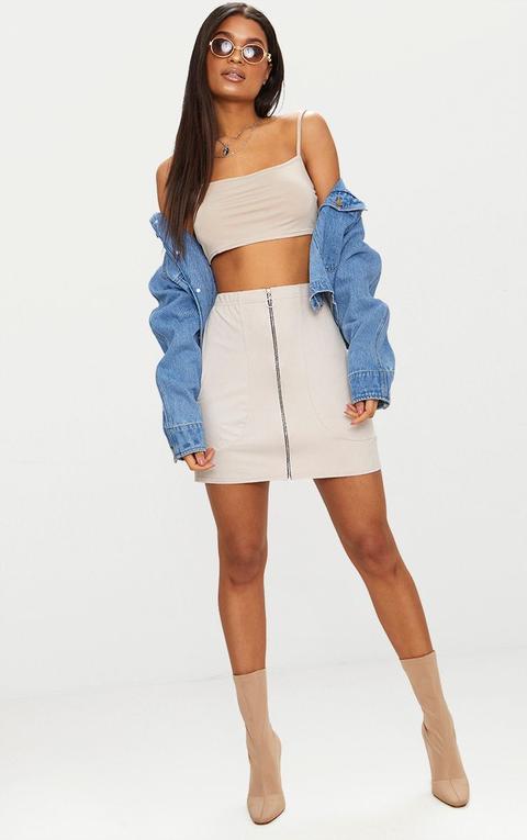 Nude Faux Suede Ring Zip Front Mini Skirt