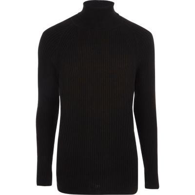 Black Ribbed Muscle Fit Roll Neck Jumper