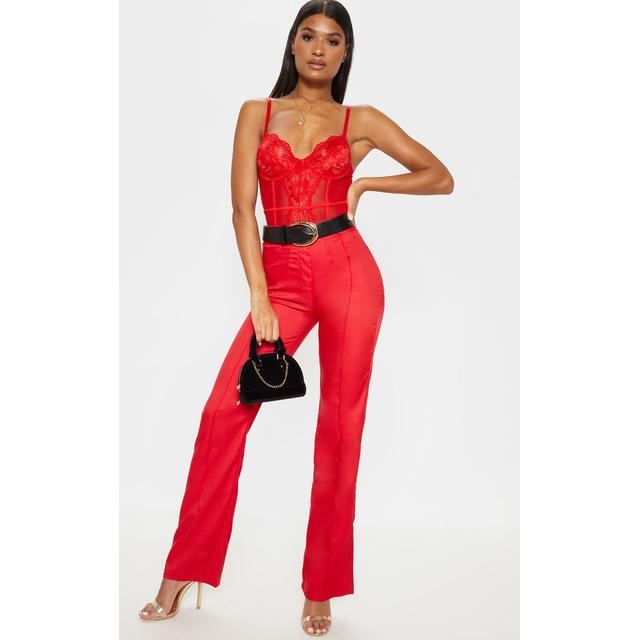 Red High Waisted Straight Leg Trousers 
