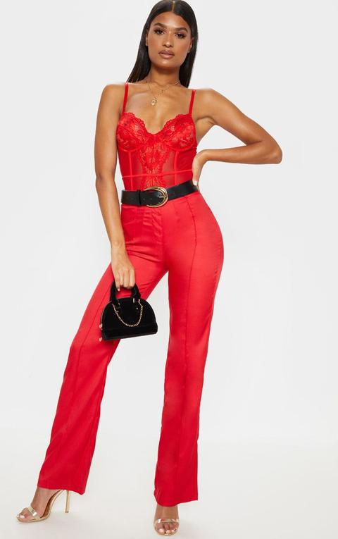 Red High Waisted Straight Leg Trousers, Red