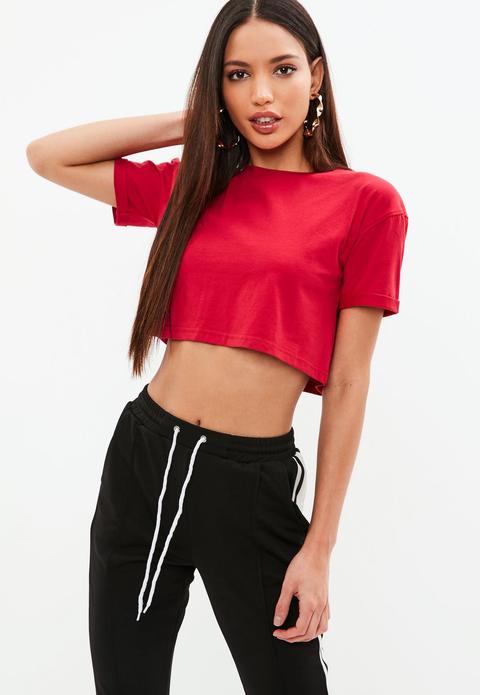 Red Roll Sleeve Crop Top, Red