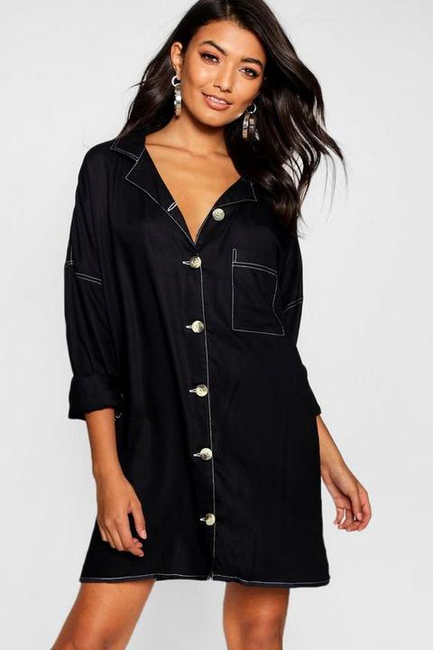 Contrast Stitch Horn Button Shirt Dress