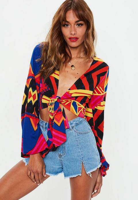 Abstract Tie Front Flare Sleeve Crop Trop, Blue