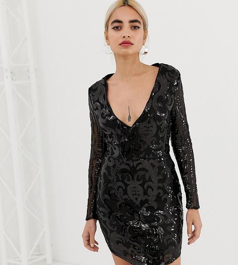 Parisian Petite Sequin And Mesh Long Sleeve Dress-black