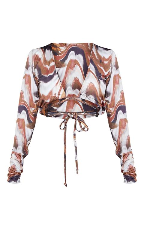 Beige Soft Touch Tie Wrap Around Abstract Print Long Sleeve Crop