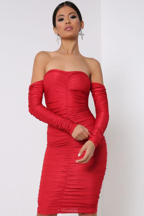 Red Ruched Bardot Dress