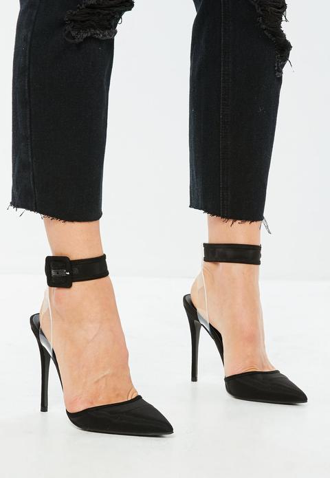 Black Floating Ankle Open Back Court Heels, Black