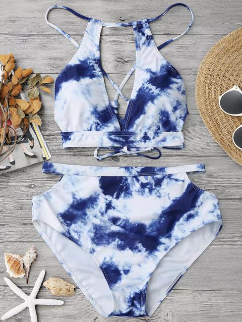 Bikini Tagliato Di Tie-dye A Vita Alta Blue And White