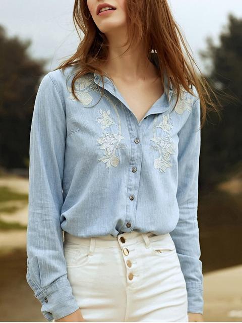 Bordado Cuello De La Camisa De Manga Larga Camisa Vaquera