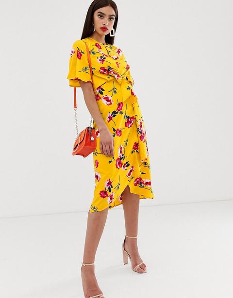 Prettylittlething - Vestito Midi Giallo A Fiori Allacciato In Vita - Giallo