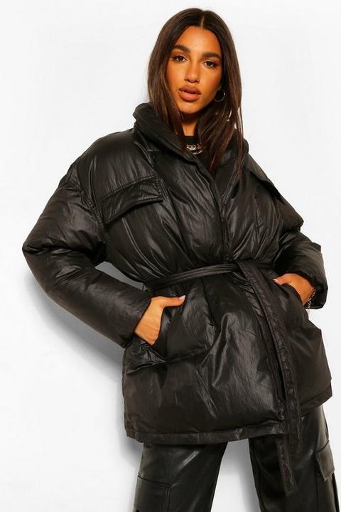 Womens Coated Satin Wrap Detail Belted Puffer - Black - 8, Black