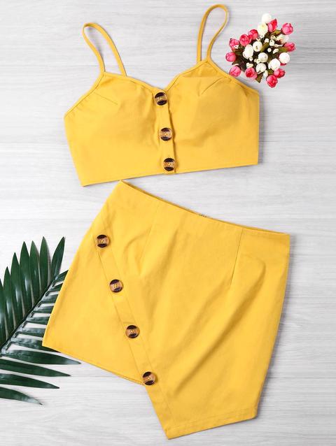 Top Corto Abbottonato E Minigonna Yellow Red Army Green