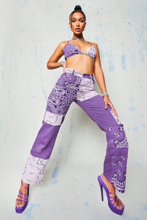 Womens Patchwork Boyfriend Jeans With Bandana Print - Purple - 12, Purple