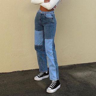 High-waist Patchwork Paneled Straight Leg Jeans