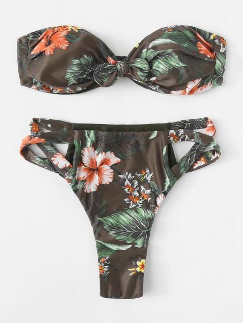 Set De Bikini Con Nudo Delantero Con Diseño De Tiras Cruzadas