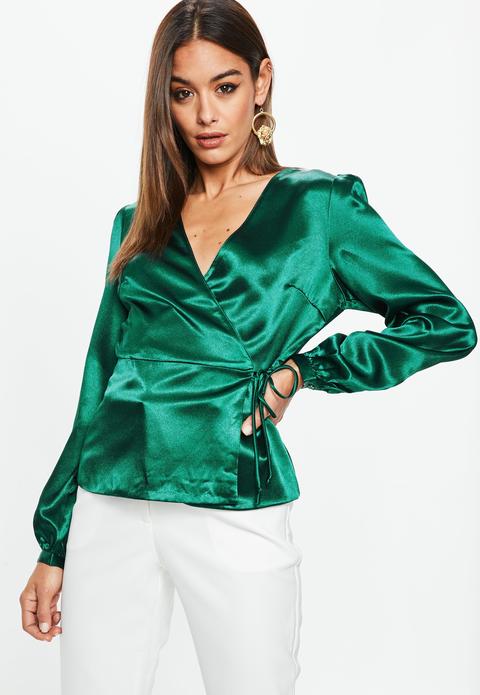 Satin-wickelbluse In Grün