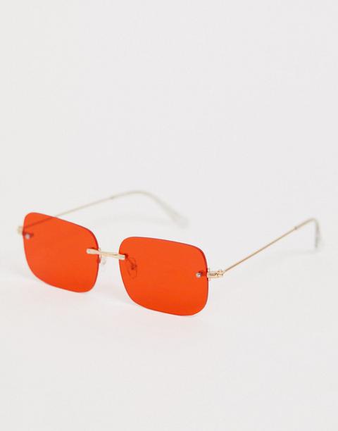 Asos Design Rectangle Rimless Sunglasses In Gold Metal With Red Lenses