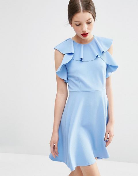 Asos - Vestito A Pieghe Con Collo A Volant - Blu
