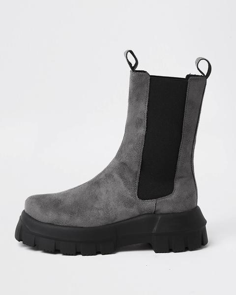 Grey Faux Suede Chunky Flat Chelsea Boots