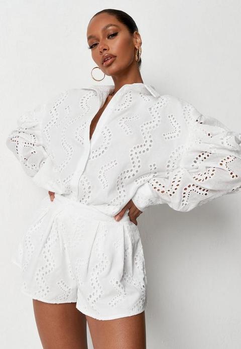 White Broderie Puff Shoulder Oversized Shirt, White