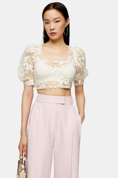 Cream Embroidered Mesh Floral Top