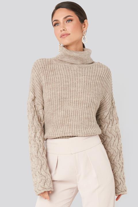 Cable Sleeve High Neck Sweater Beige