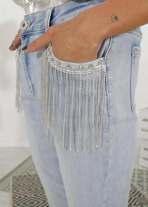 Jeans Flecos Strass Bolsillos Azul