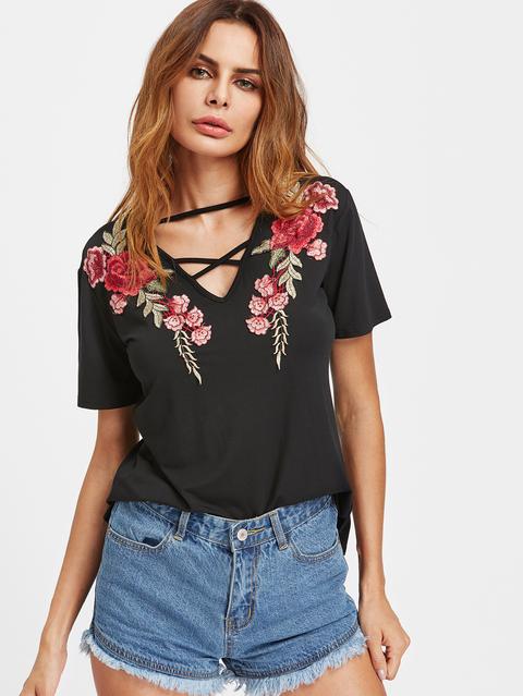 Crisscross V Neck Rose Patch Tee