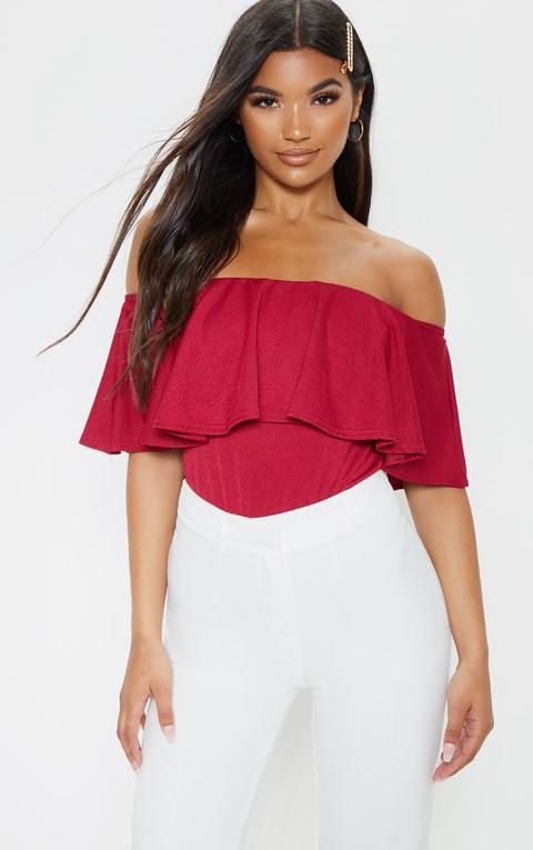 Burgundy Bardot Frill Bodysuit