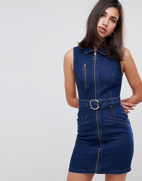 Asos Design - Vestito Senza Maniche In Denim Indaco Con Cintura - Blu