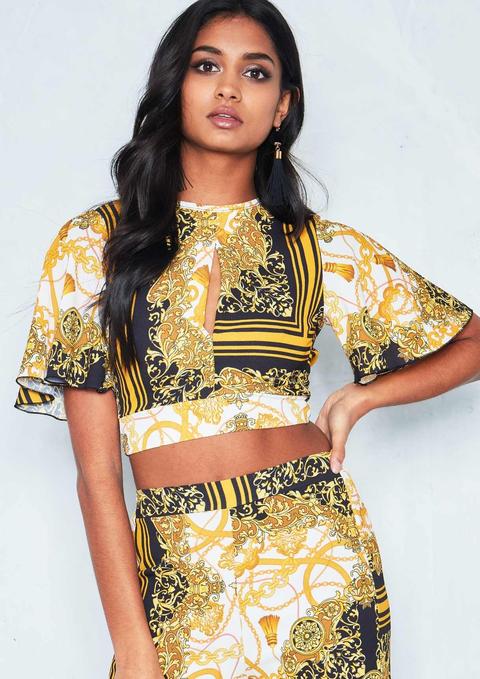Claudia Yellow Scarf Print T-shirt Tie Back Crop Top
