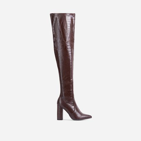 Kansas Block Heel Over The Knee Thigh High Long Boot In Brown Croc Print Faux Leather, Brown