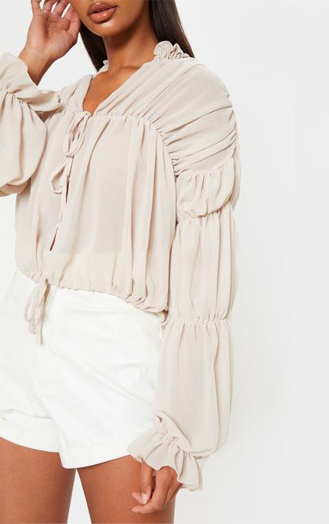 Beige Sheer Ruched Tiered Blouse