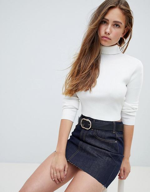 Missguided - Top Dolcevita Corto A Coste Bianco - Bianco