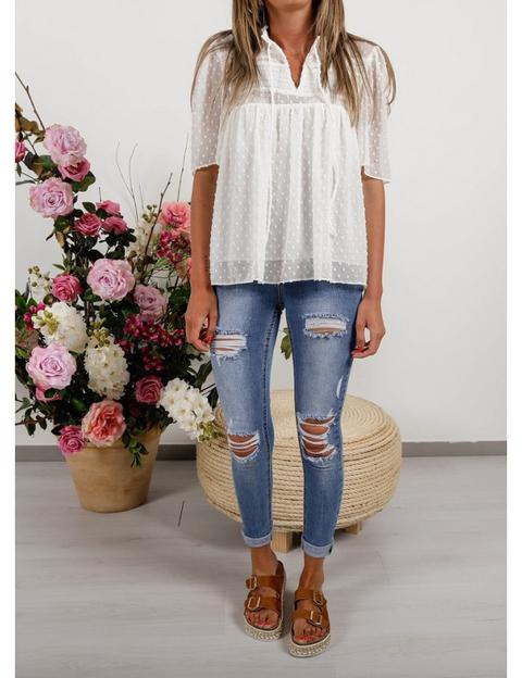 Blusa Blanco Plumeti Bordados Lazo Cuello