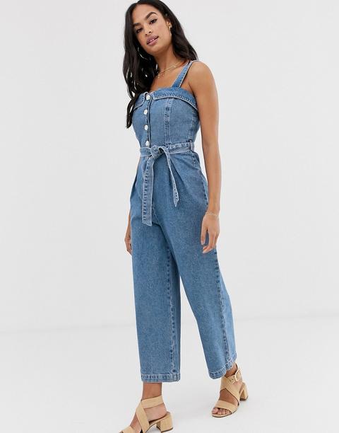 Asos Design - Tuta Jumpsuit Di Jeans Con Scollo Quadrato E Bottoni - Blu