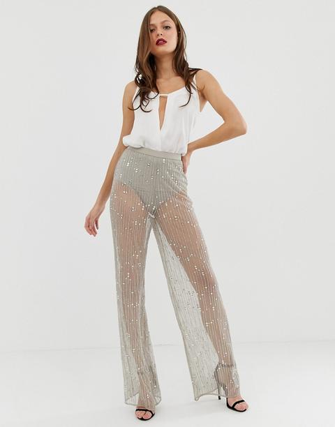 Asos Design Wide Leg Trousers In Mesh With Embellishment-grey