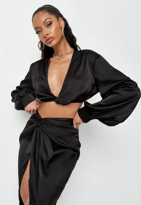 Black Co Ord Twist Front Satin Crop Top, Black