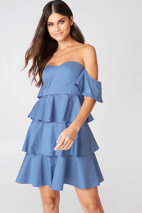 Off Shoulder Mini Flounce Dress Blau