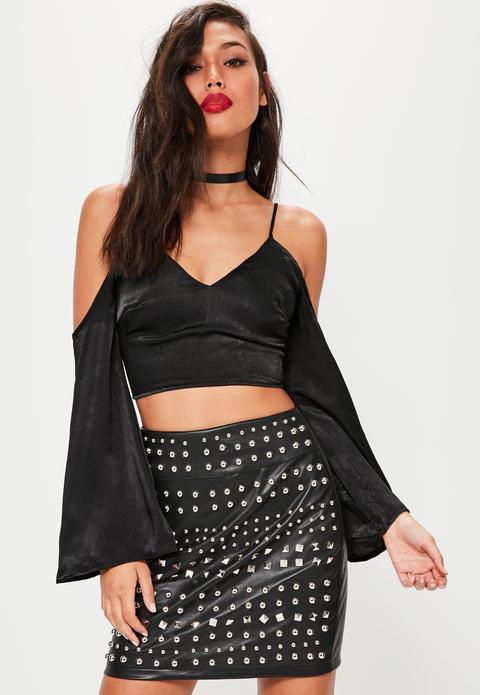 Petite Black Satin Crop Top