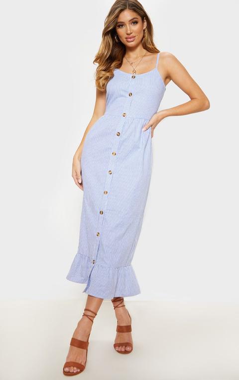 Dusty Blue Stripe Wooden Button Frill Midi Dress