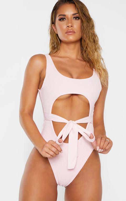 Baby Pink Crinkle Cut Out Belted Swimsuit