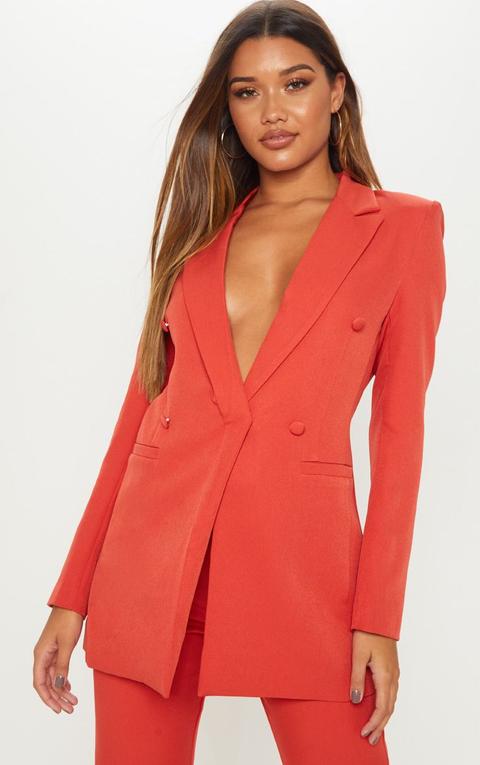 Rust Double Breasted Woven Blazer, Orange