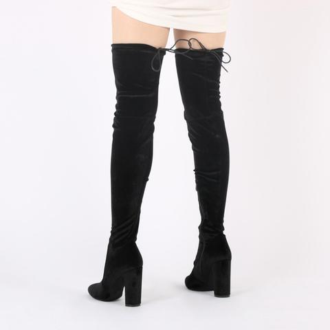 Annie Velvet Over The Knee Boots In Black