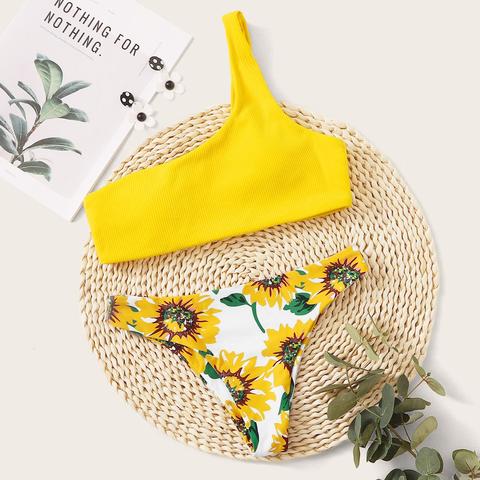 Random Sunflower Ribbed One Shoulder Bikini Swimsuit