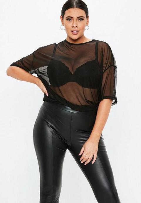 Plus Size Black Mesh Oversized T Shirt, Black