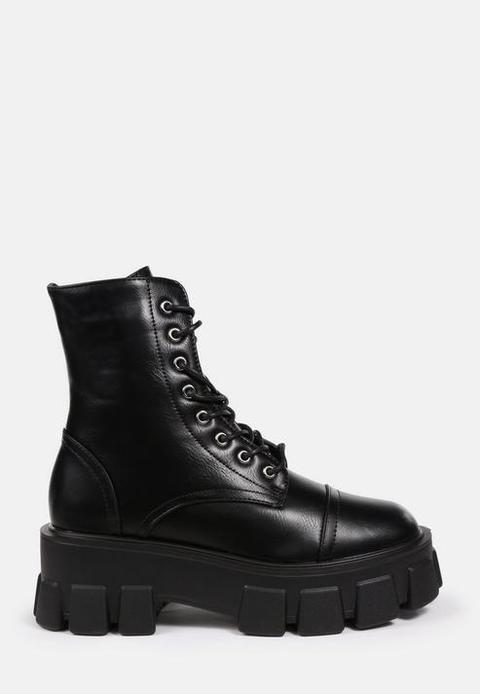 Black Chunky Sole Lace Up Ankle Boots, Black